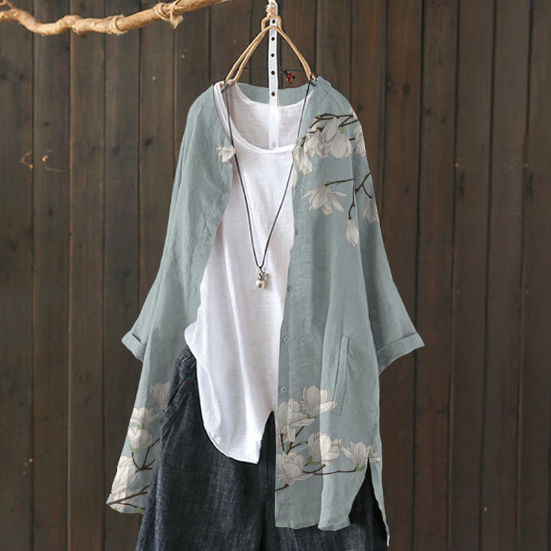 Vintage Japanese Art Magnolia Flower Print Cardigan