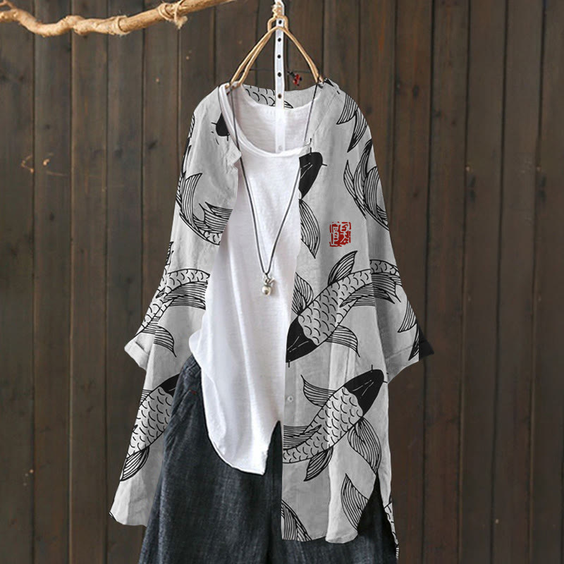 Japanese Koi Pattern Print Cardigan