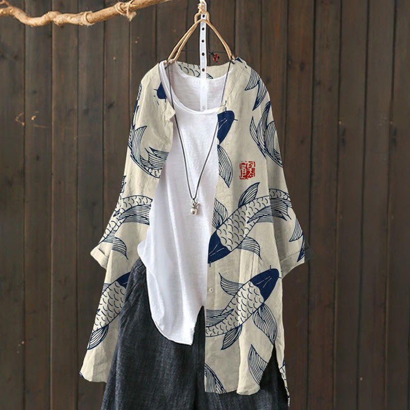 Japanese Koi Pattern Print Cardigan