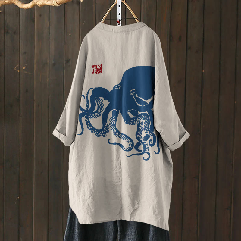 Octopus Japanese Lino Art Print Cardigan