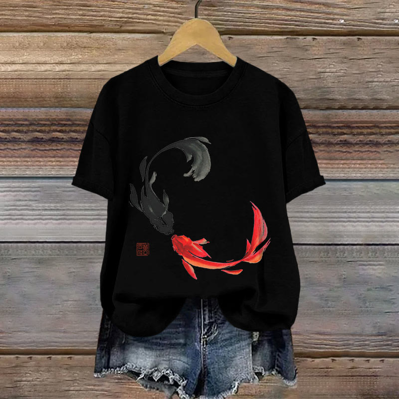 100% Cotton Vintage Japanese Black And Red Kissing Koi Art Print T-shirt