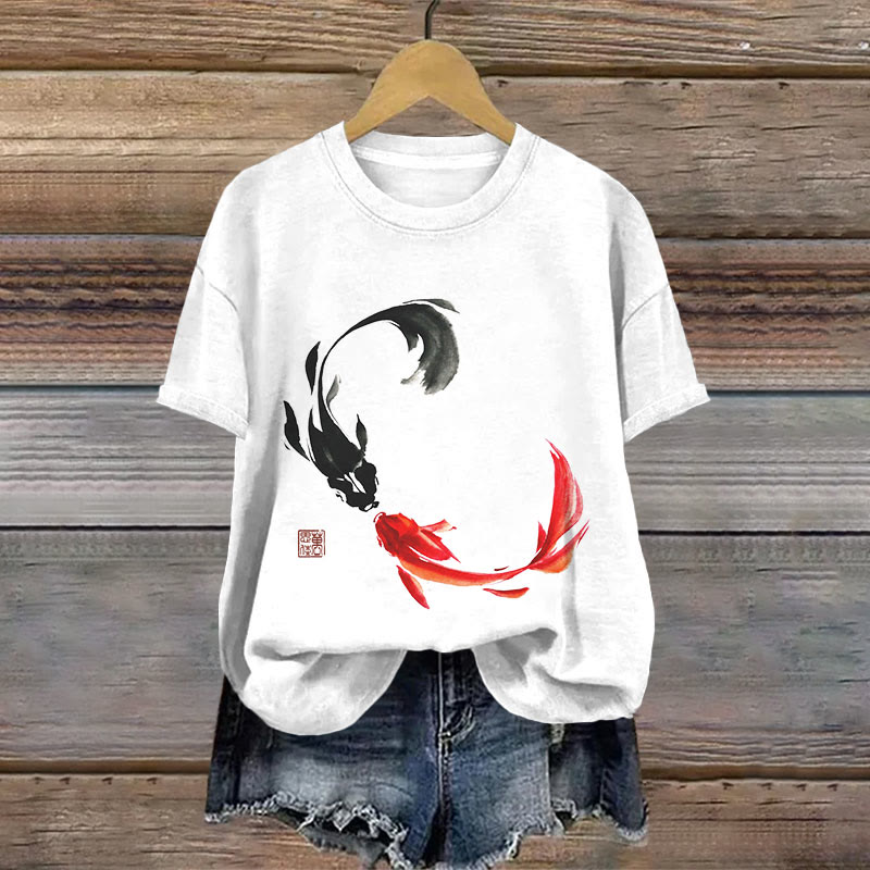 100% Cotton Vintage Japanese Black And Red Kissing Koi Art Print T-shirt