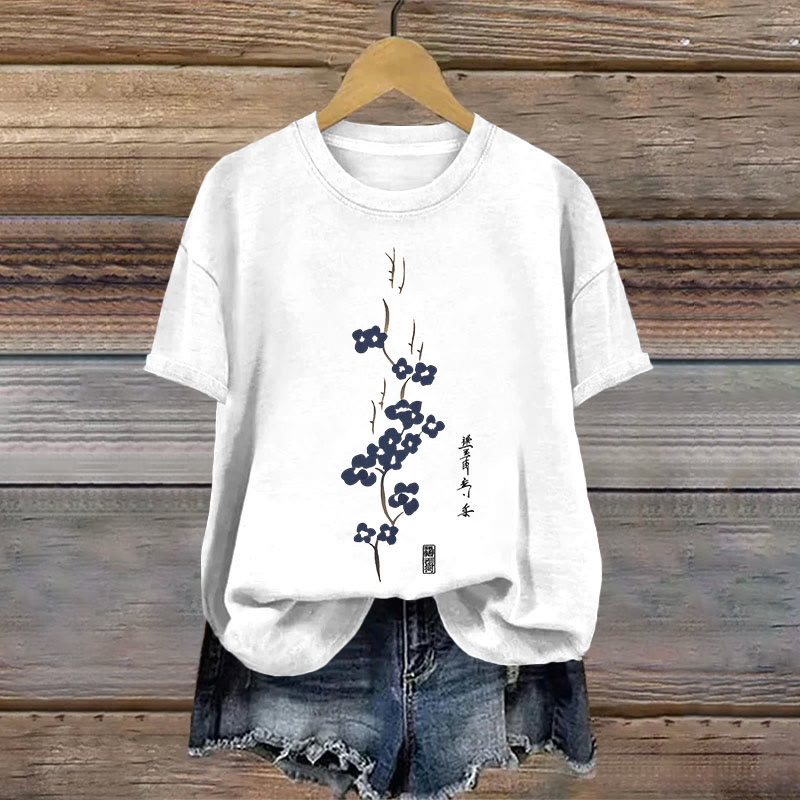 Dashingsoul 100% Cotton Vintage Japanese Floral Abstract Art Print T-shirt