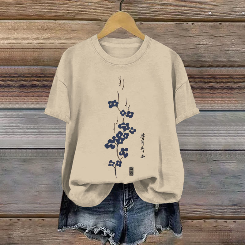 Dashingsoul 100% Cotton Vintage Japanese Floral Abstract Art Print T-shirt