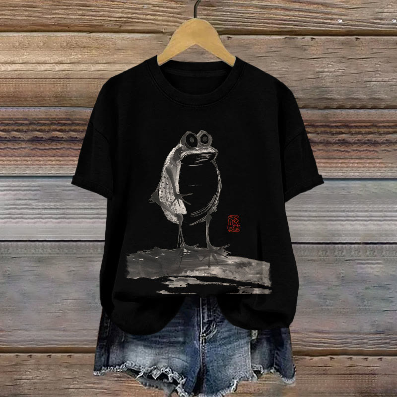 100% Cotton Japanese Retro Funny Frog Print T-shirt