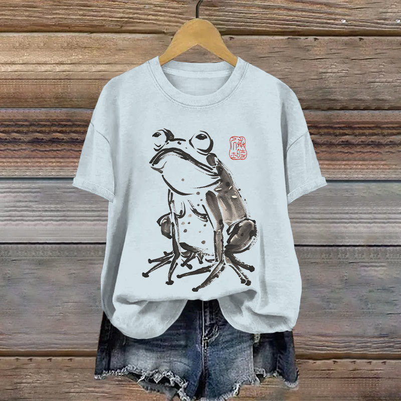 Dashingsoul 100% Cotton Japanese Retro Curious Frog Print T-shirt