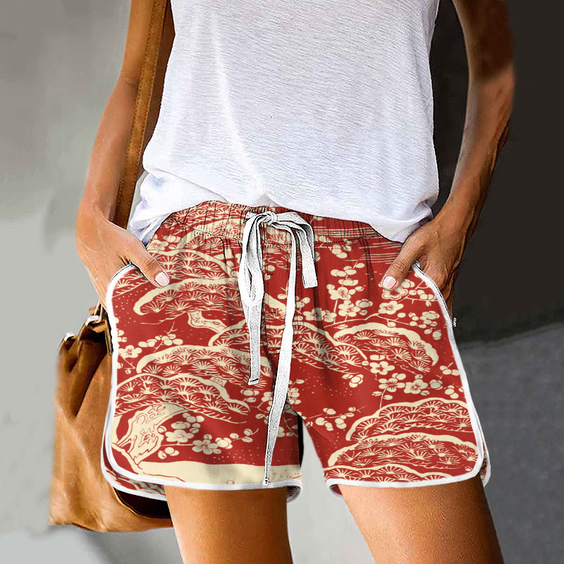 Women's Japanese Art Plum Blossom Print Drawstring Pocket Shorts