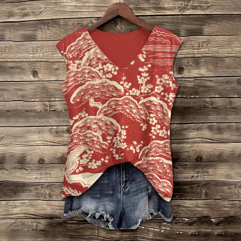 Women's Japanese Art Plum Blossom Print Women's Casual V-neck Tank Top