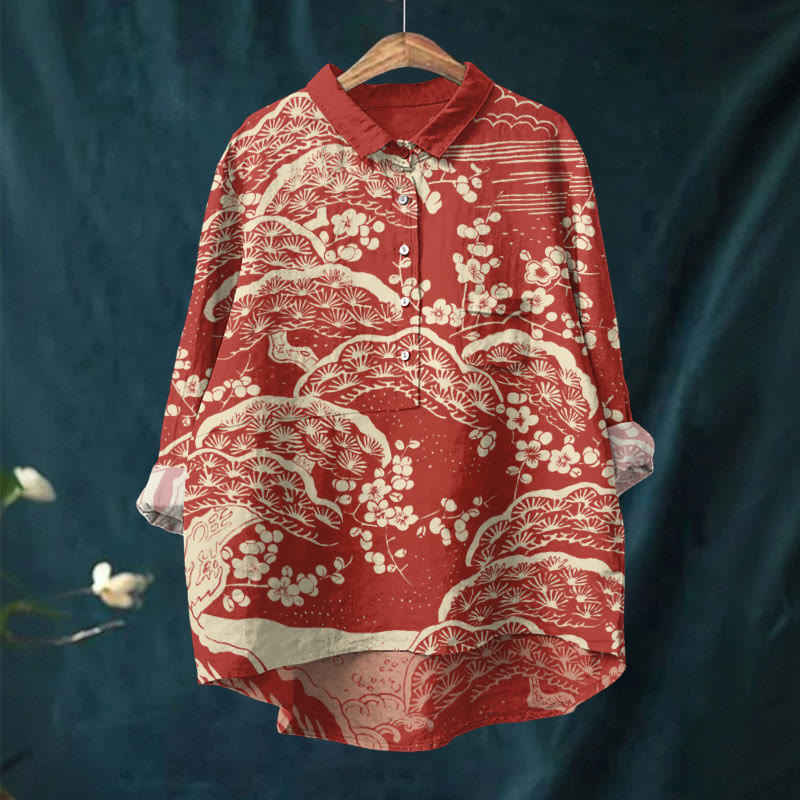 Women's Japanese Art Plum Blossom Print Casual Lapel Blouse