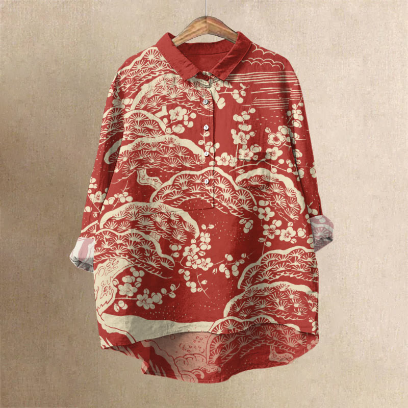 Women's Japanese Art Plum Blossom Print Casual Lapel Blouse