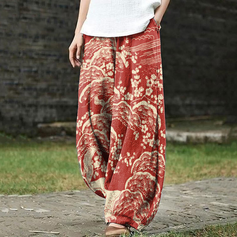 Women's Japanese Art Plum Blossom Print Casual Pants