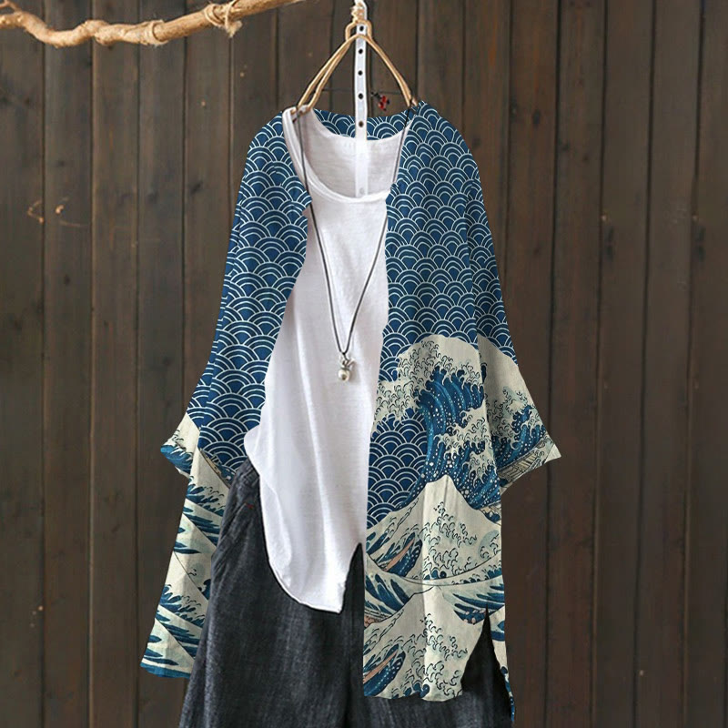 The Great Wave Off Kanagawa Inspired Japanese Art Print Cardigan - Navy Blue - 6XL - image 1