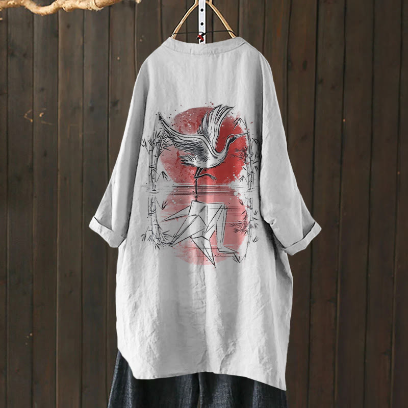 Japanese Style Reflection Paper Crane Print Cardigan
