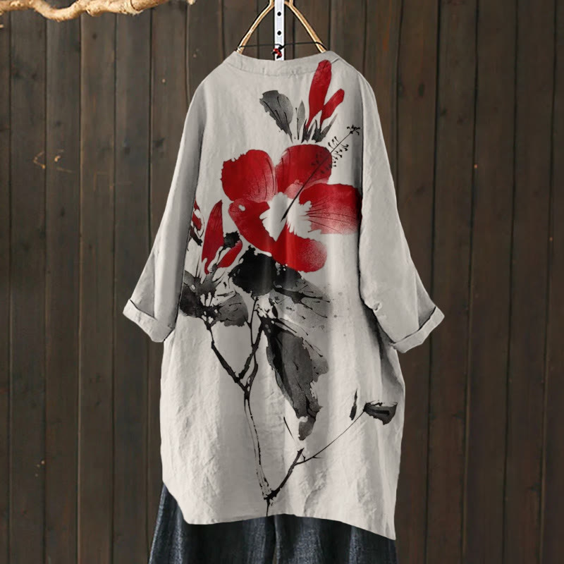 Japanese Style Ink Floral Print Cardigan