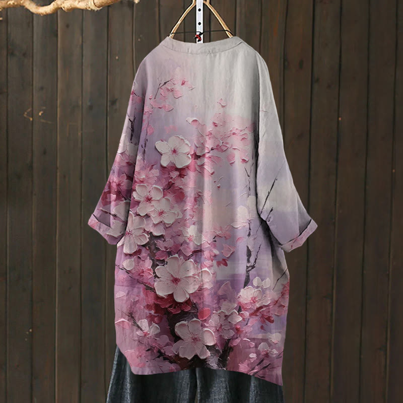 Oil Painting Cherry Blossom Tree Print Cardigan