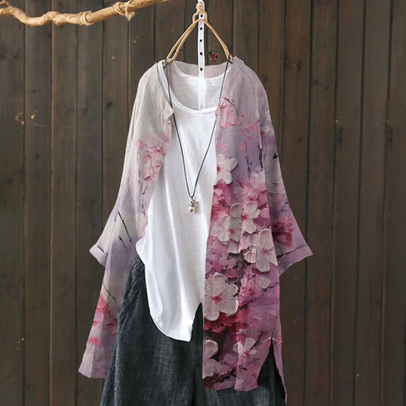 Oil Painting Cherry Blossom Tree Print Cardigan