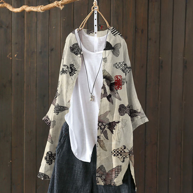 Vintage Floral Goldfish Japanese Art Print Cardigan