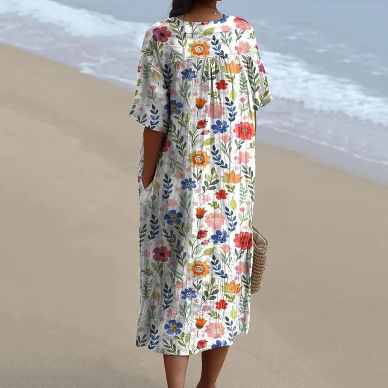 Women's Pastoral Floral Art Print Casual Midi Dress