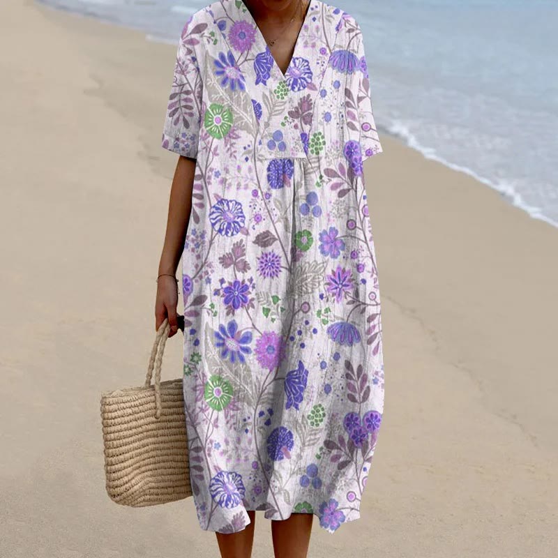 Women's Pastoral Floral Art Print Casual Midi Dress