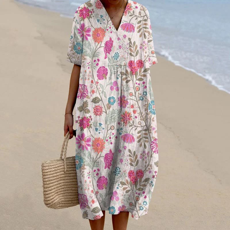 Women's Pastoral Floral Art Print Casual Midi Dress