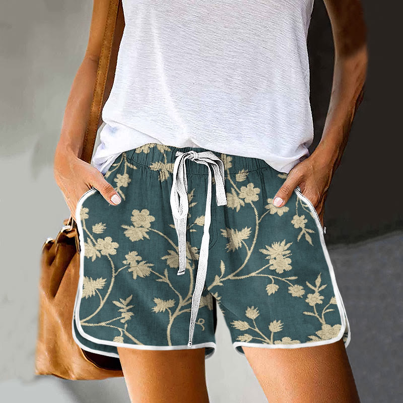 Women's Retro Floral Print Drawstring Pocket Shorts