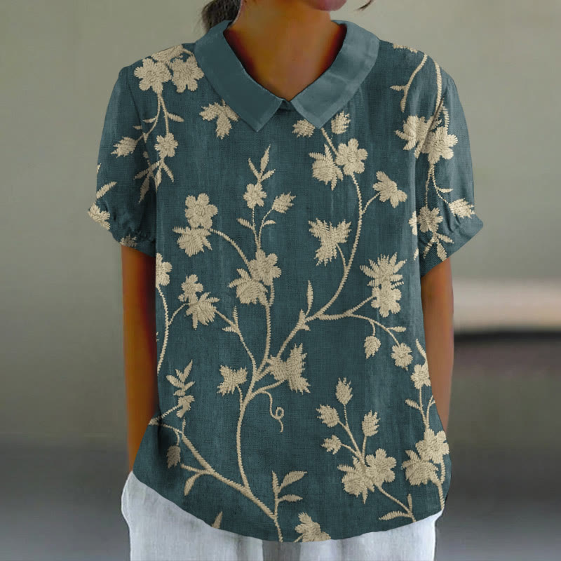 Women's Retro Floral Print Casual Lapel Loose Blouse