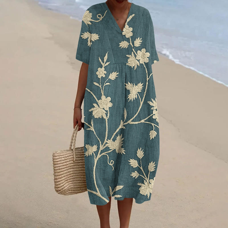 Women's Retro Floral Print Short-sleeved Midi Dress - Dark Green - 6XL - image 6