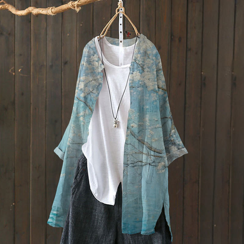 Japanese Style Plum Blossoms By The Pond Print Cardigan - Light Blue - 6XL - image 1