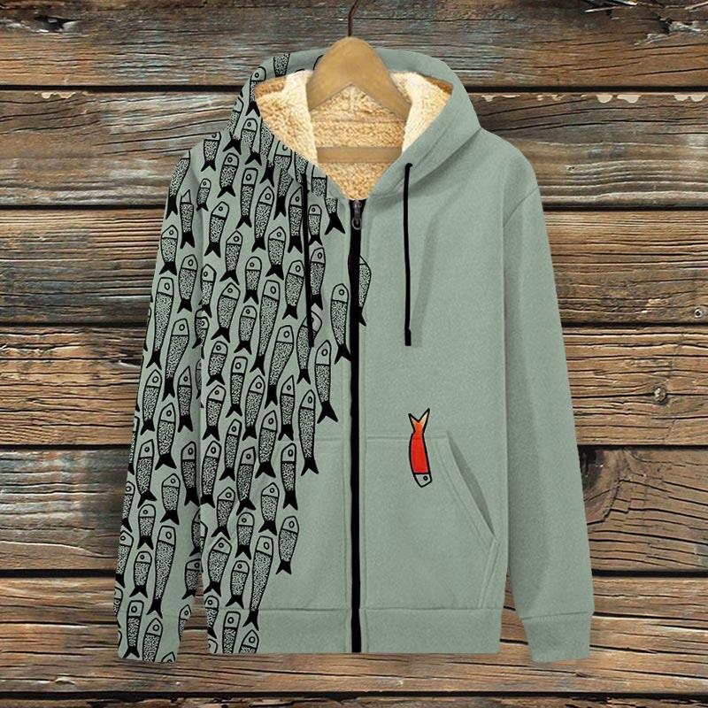 Cute Simple Lines Abstract Geometric Fish Art Print Fleece Jacket - Light Green - 4XL - image 2