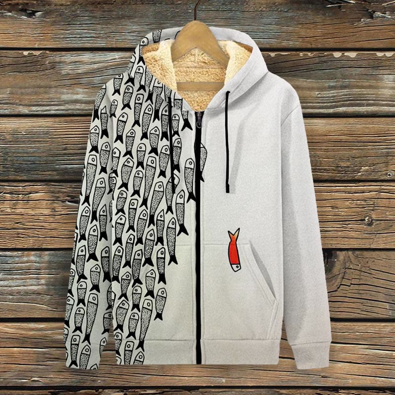 Cute Simple Lines Abstract Geometric Fish Art Print Fleece Jacket - Beige - 4XL - image 1