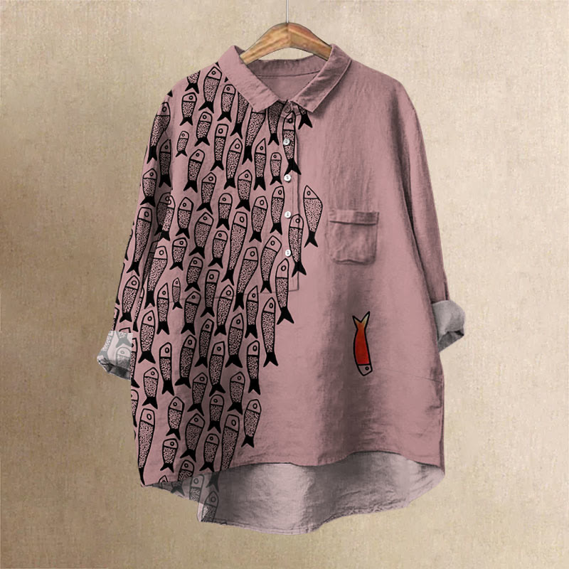 Dashingsoul Cute Simple Lines Abstract Geometric Fish Art Print Casual Lapel Blouse