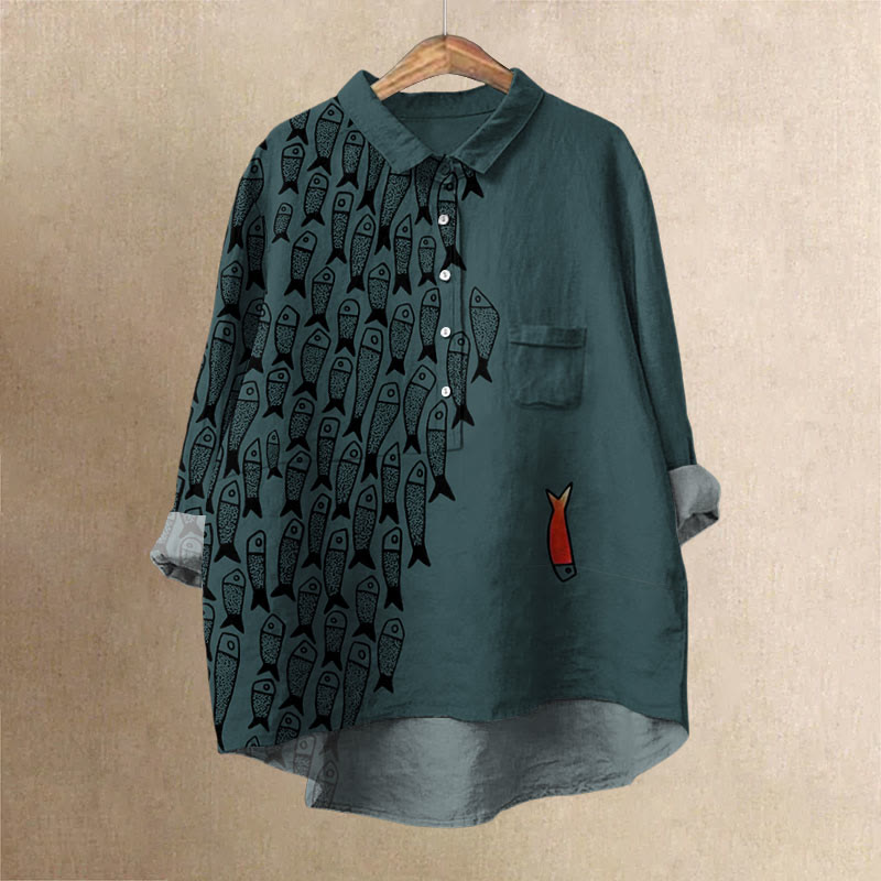 Dashingsoul Cute Simple Lines Abstract Geometric Fish Art Print Casual Lapel Blouse