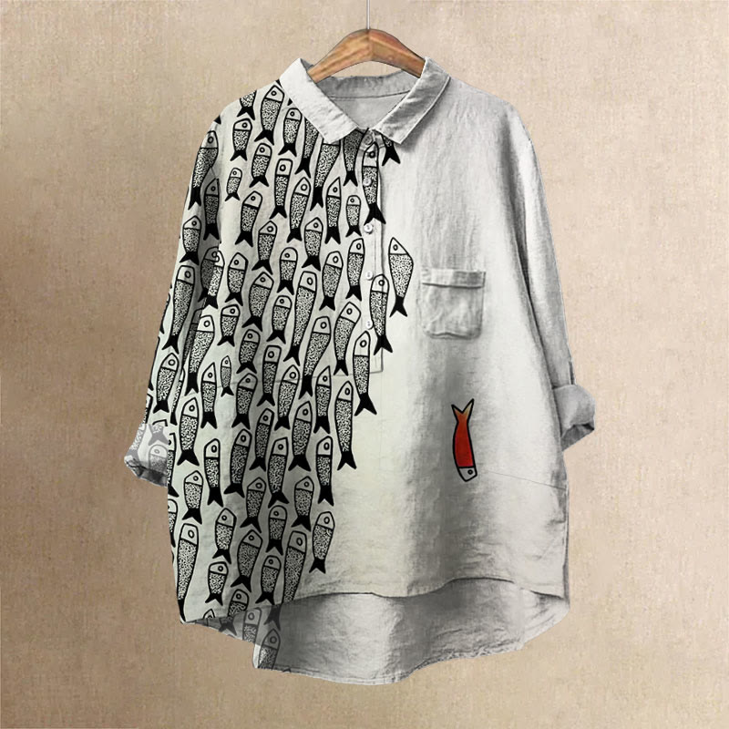 Dashingsoul Cute Simple Lines Abstract Geometric Fish Art Print Casual Lapel Blouse
