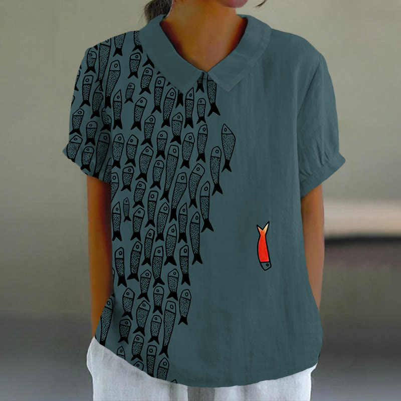 Cute Simple Lines Abstract Geometric Fish Art Print Casual Lapel Loose Blouse