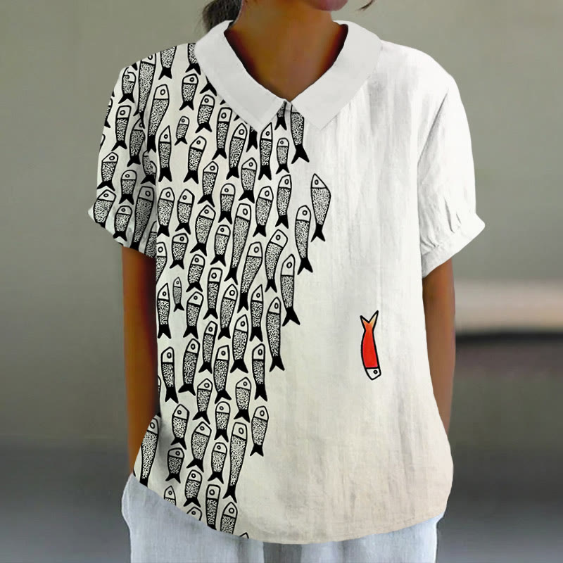 Cute Simple Lines Abstract Geometric Fish Art Print Casual Lapel Loose Blouse