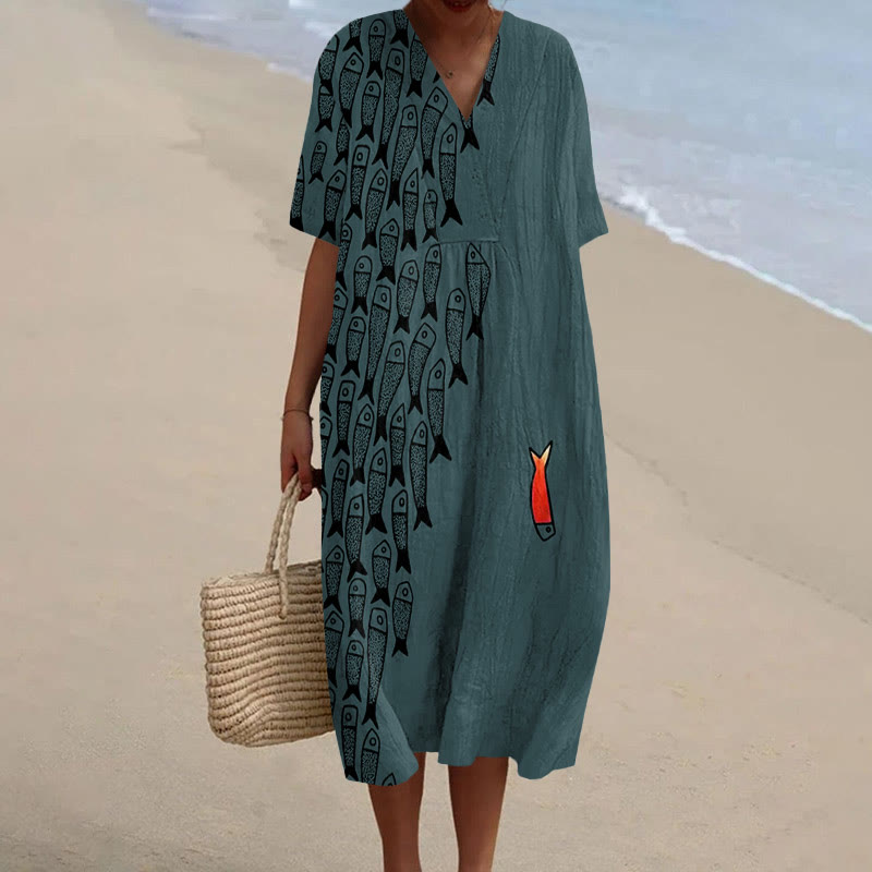 Cute Simple Lines Abstract Geometric Fish Art Print Casual Midi Dress
