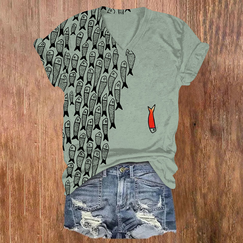 Cute Simple Lines Abstract Geometric Fish Art Print V-neck T-shirt