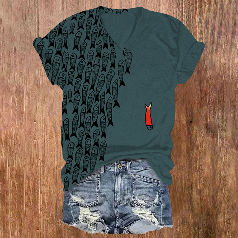 Cute Simple Lines Abstract Geometric Fish Art Print V-neck T-shirt