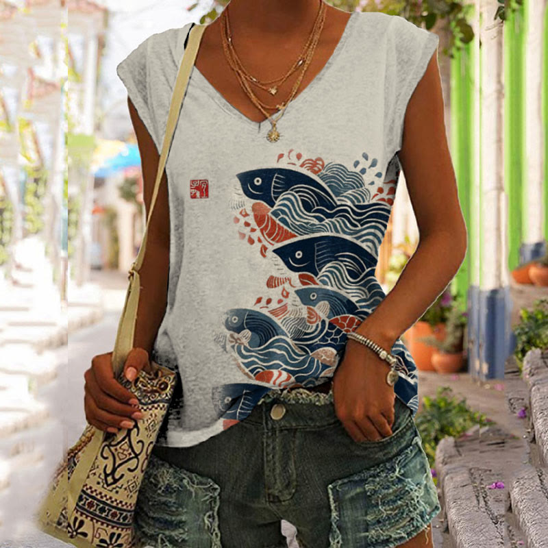 Dashingsoul Japanese Art Carp Print V-neck Tank Top