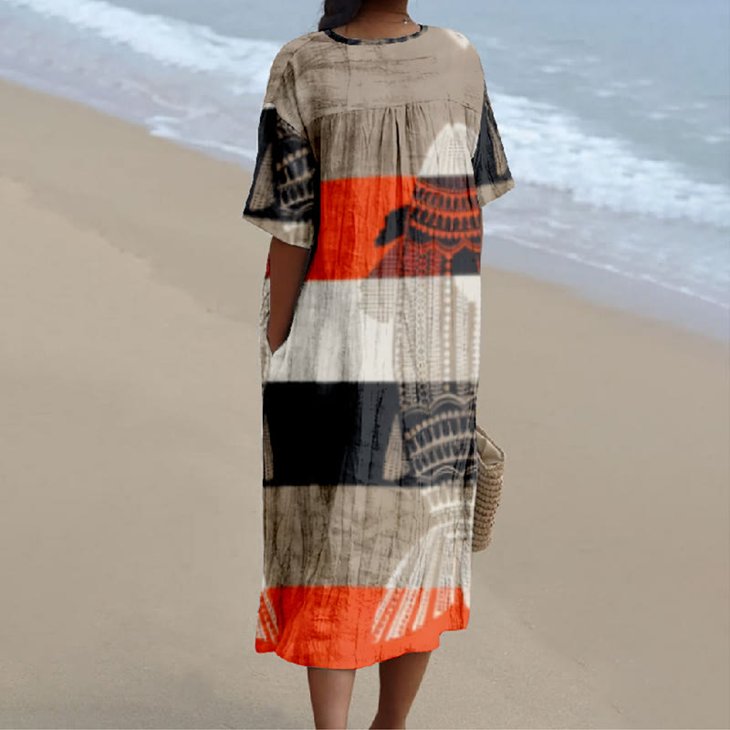 Japanese Color Block Fish Print V-neck Short Sleeved Casual Midi Dress - image 2
