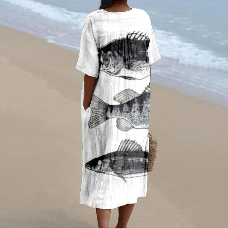 Japanese Asymmetric Fish Print V-neck Short Sleeved Casual Midi Dress - image 2