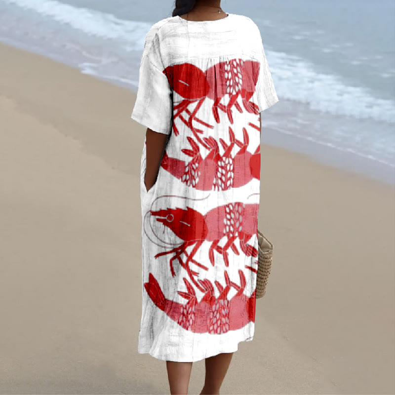 Japanese Asymmetrical Lobster Print V-neck Short Sleeved Casual Midi Dress - image 2