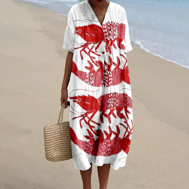 Japanese Asymmetrical Lobster Print V-neck Short Sleeved Casual Midi Dress - White - 6XL - image 1