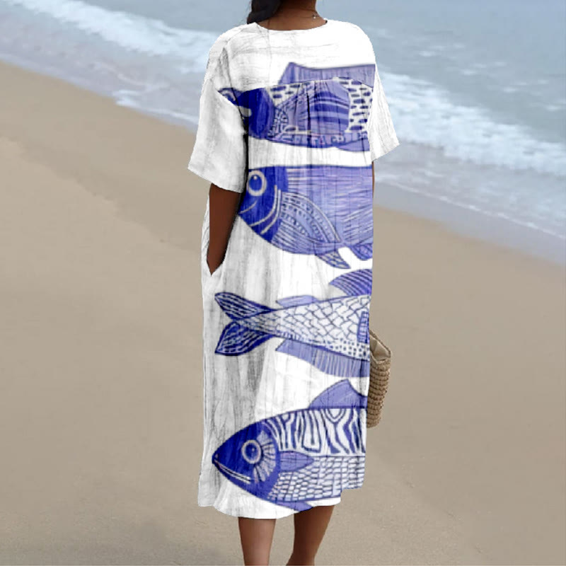 Japanese Asymmetrical Blue Fish Print V-neck Short Sleeved Casual Midi Dress - image 2