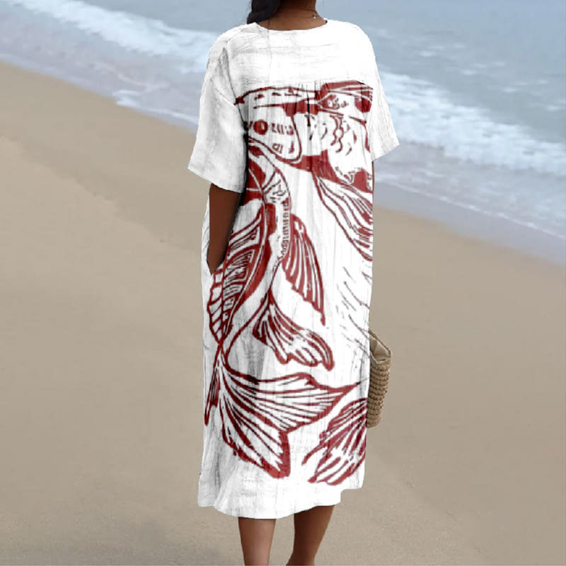Japanese Fish Swimming In Water Print V-neck Short Sleeved Casual Midi Dress - image 2