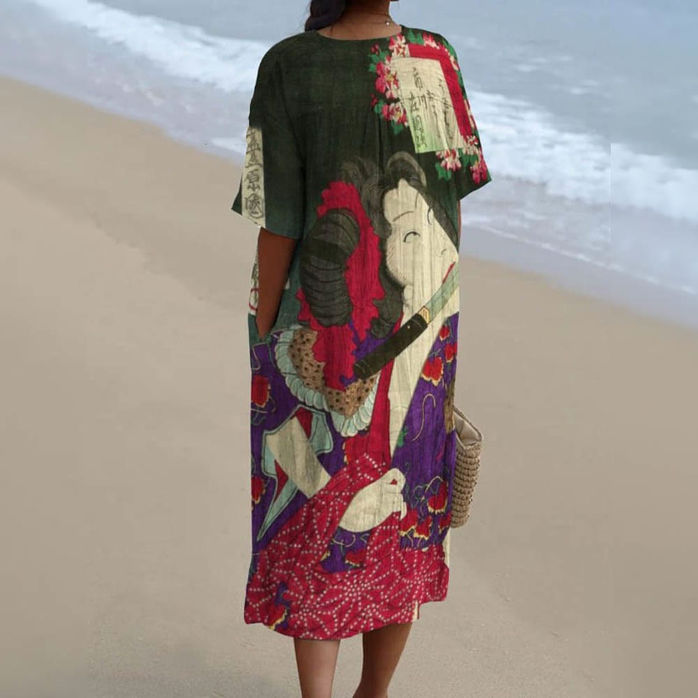 Decorative Pattern of Japanese Ukiyo-e A Female Samurai Holding A Sword Flowy Dress - image 2