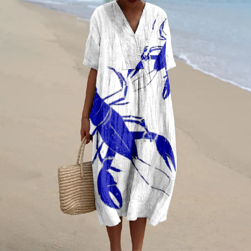 Japanese Blue Asymmetric Lobster Art Print V-neck Short Sleeved Casual Midi Dress - White - 6XL - image 1