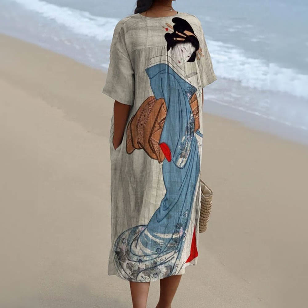 Japanese Ukiyo-e Elegant Woman Decorative Pattern Flowy Dress - image 2