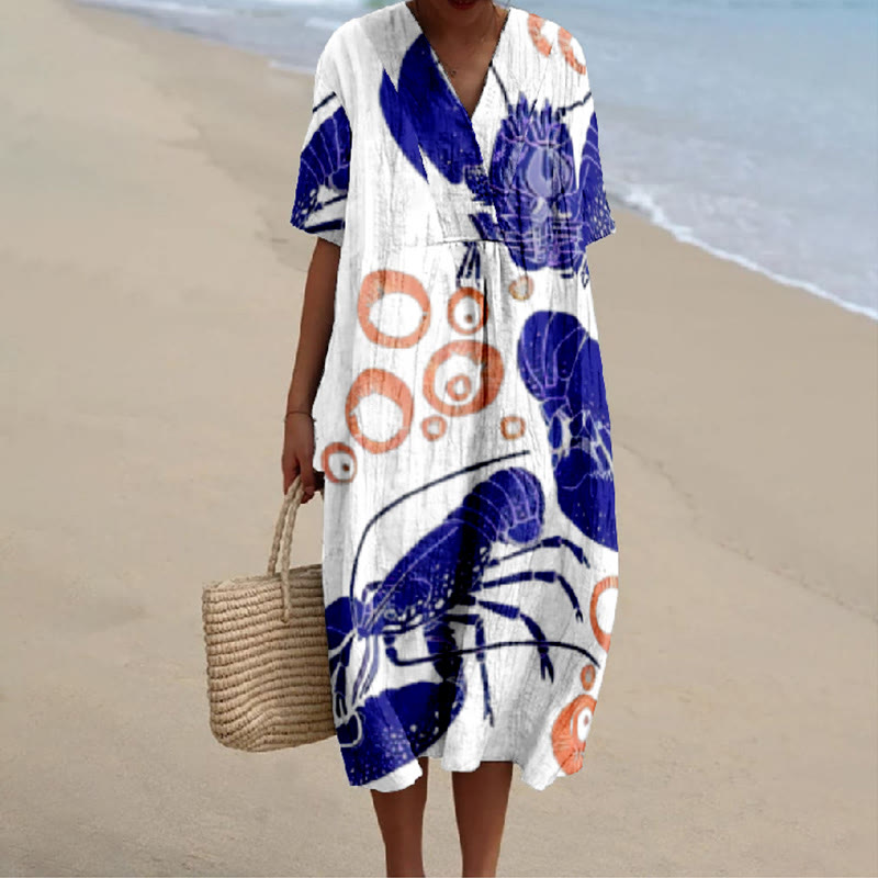 Japanese Lobster Art Print V-neck Short Sleeved Casual Midi Dress - White - 6XL - image 1