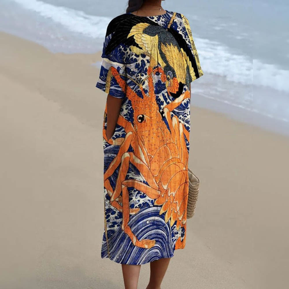 Japanese Retro Painting Lobster Decorative Pattern Flowy Dress - image 2